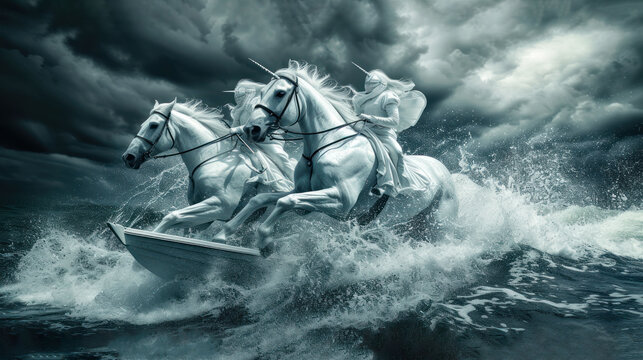 two white horses galloping in the ocean on a stormy day with a rider on the back of the horse.