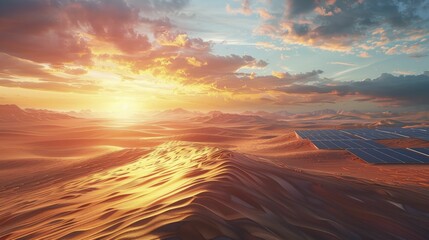 A digital illustration featuring solar panels stretching over a desert, capturing sunlight for sustainable power generation.