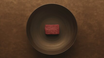 Obraz na płótnie Canvas a square piece of red meat in a black bowl on a brown tablecloth with a brown wall in the background.