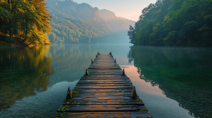 A peaceful lakeside scene with a wooden pier - obrazy, fototapety, plakaty