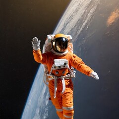 astronaut with orange suit, full body and floating ultra space background black color
