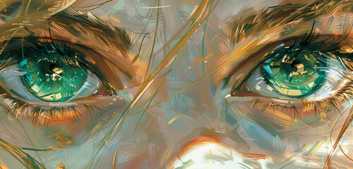 Close-up on a magical girl's eyes as she foresees an event, the irises filled with swirling, mystical colors of emerald