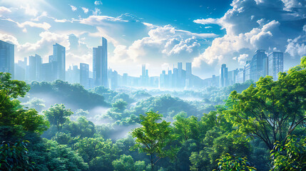 Fototapeta premium Aerial Cityscape with Greenery, Urban Landscape and Modern Towers, Bangkoks Skyline View