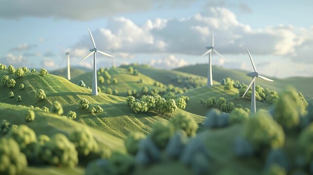 wind turbines on a lush green hillside, symbolizing renewable energy efforts for climate mitigation.