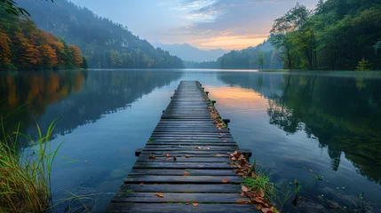 Gartenposter A peaceful lakeside scene with a wooden pier © Mudassir