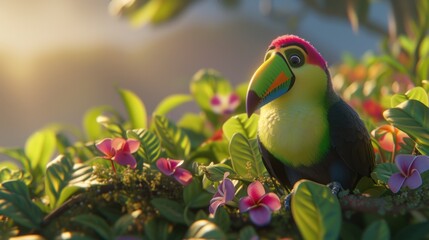 a colorful toucan sitting on top of a lush green plant filled with pink and purple flowers on a sunny day.