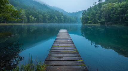 A peaceful lakeside scene with a wooden pier