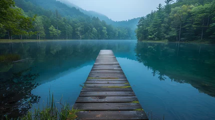 Gordijnen A peaceful lakeside scene with a wooden pier © Mudassir