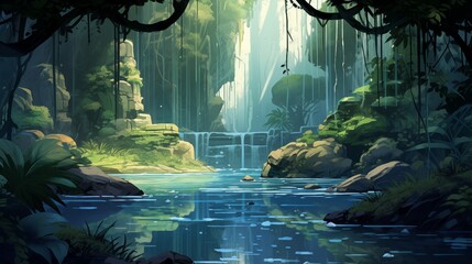 A majestic waterfall cascades into a crystal-clear pool - obrazy, fototapety, plakaty