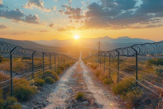 A tranquil sunset setting captured beyond the barbed wire, symbolizing freedom and constraint in nature