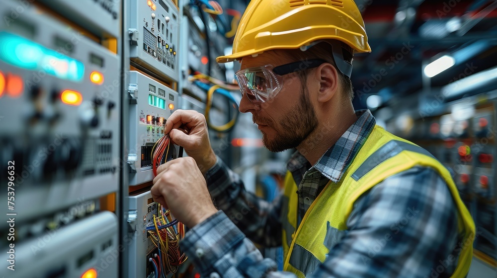 Aufkleber electrician in a safety vest and helmet connecting wires in a electrical meter. generative ai.