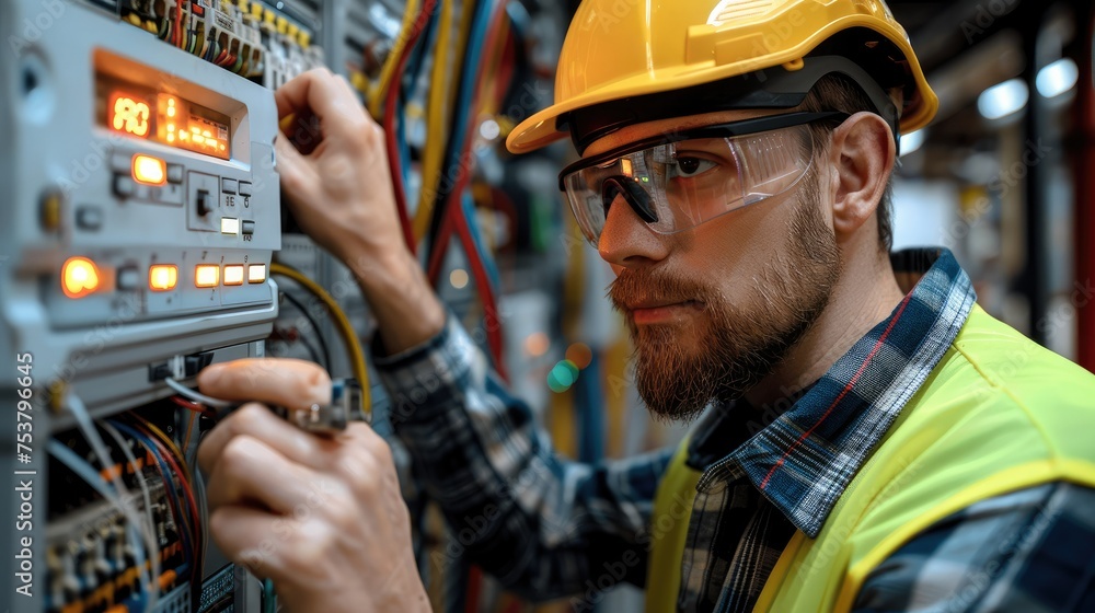 Poster electrician in a safety vest and helmet connecting wires in a electrical meter. generative ai.