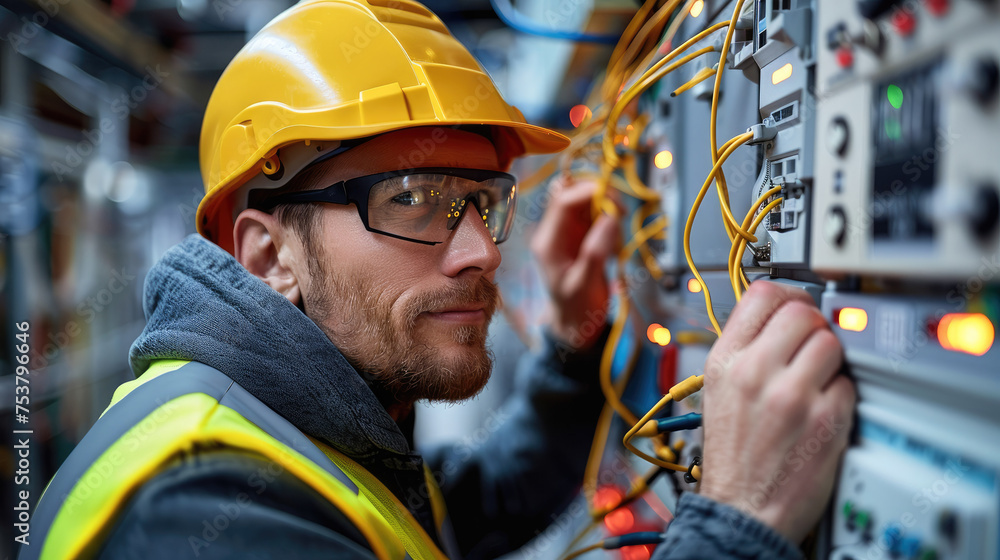 Poster electrician in a safety vest and helmet connecting wires in a electrical meter. generative ai.