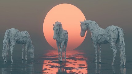 a group of white horses standing next to each other in front of a large circle of orange and yellow sun.
