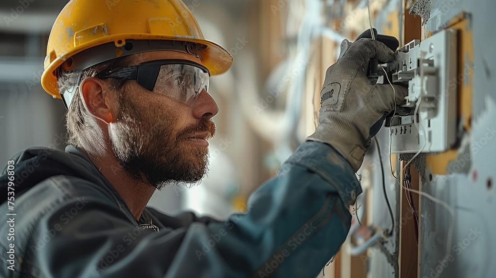 Poster an electrician is installing an electrical outlet in an apartment. generative ai.