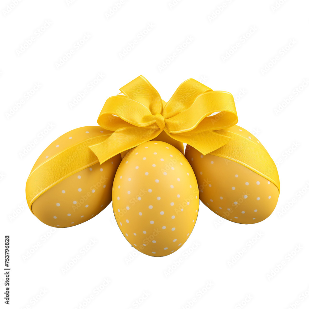 Poster three eggs with yellow coloring and a patterned ribbon isolated on transparent background