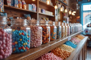 A close-up of assorted candy jars neatly arranged on a candy shop's shelves, inviting and colorful