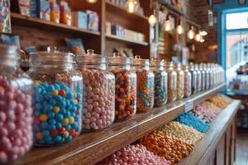 Foto auf Glas A close-up of assorted candy jars neatly arranged on a candy shop's shelves, inviting and colorful © Dacha AI