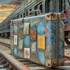vintage suitcase covered with stickers of various colors and styles