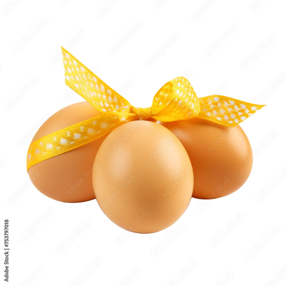 Poster three eggs with yellow coloring and a patterned ribbon isolated on transparent background