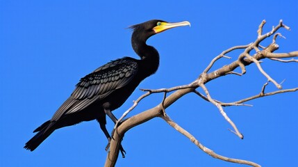 Obraz premium a black bird with a yellow beak sitting on top of a tree branch with a blue sky in the background.