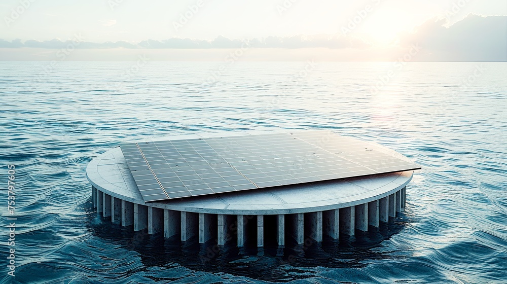 Poster round concrete platform with offshore floating photovoltaic system. aerial high view. generative ai.