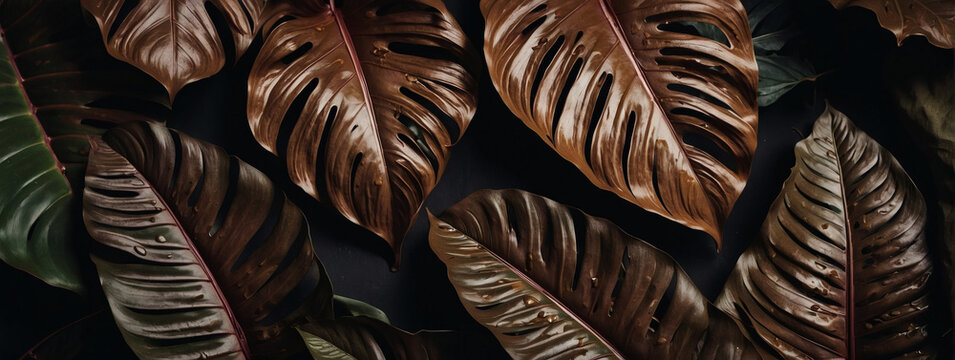 Textures of abstract bronze leaves in a captivating tropical flat lay. Dark nature concept, tropical leaf.
