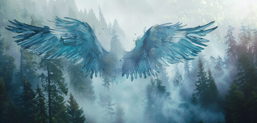 A serene landscape with ethereal blue angel wings suspended in the air, surrounded by a misty...