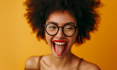 Portrait of cheeky black girl winking and showing tongue - obrazy, fototapety, plakaty