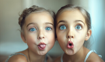Two young rude  girls with big blue eyes making funny faces and  misbehaving