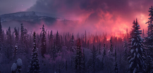 A sacred glow in deep maroon, hovering quietly over a snow-blanketed northern forest - obrazy, fototapety, plakaty