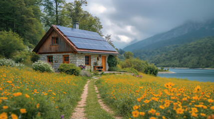 Fototapeta premium Small stone hut with solar panels installed on the roof