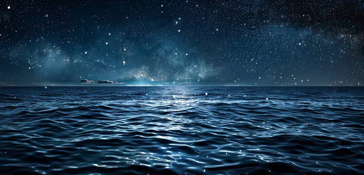 A image of a starry night sky over a tranquil, dark blue ocean, capturing the reflection of stars on water and the vastness of the universe