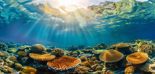 A high-definition, vibrant photograph of a coral reef under clear, sunlit waters, showcasing the diversity of colors and the detailed textures of marine life - obrazy, fototapety, plakaty