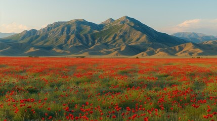 Fototapeta premium a field of red flowers in front of a mountain range with green grass and red flowers in the foreground.