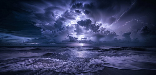 A a dramatic, lightning-filled storm over a dark, ominous ocean, capturing the raw power of nature and the contrast between light and dark - obrazy, fototapety, plakaty