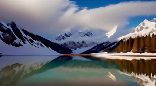 Towering snow-capped mountains reflected in a crystal-clear alpine lake, creating a mirror-like image of natural beauty