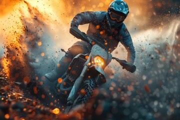 Fototapeta premium Dynamic action shot of a motocross rider with splashing mud, showcasing speed and extreme sportsmanship