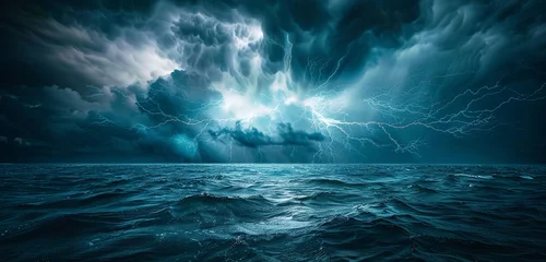 Foto op Plexiglas A a dramatic, lightning-filled storm over a dark, ominous ocean, capturing the raw power of nature and the contrast between light and dark © Ullah