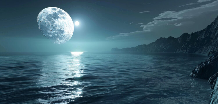 A mysterious energy in jet black, contrasting with the glowing orb of the full moon over tranquil waters © Ullah