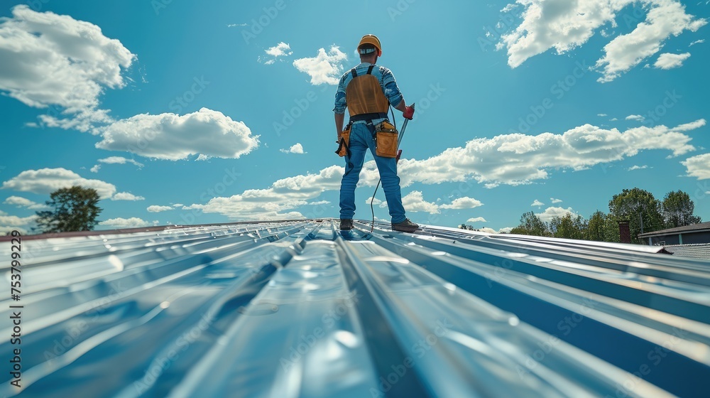 Wall mural a man standing on a roof applying weather sealant with a pressure paint gun to his corrugated sheet 