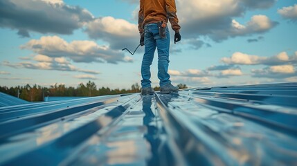 A man standing on a roof applying weather sealant with a pressure paint gun to his corrugated sheet metal roof. Generative AI. - obrazy, fototapety, plakaty