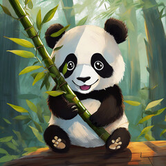 panda is holding bamboo