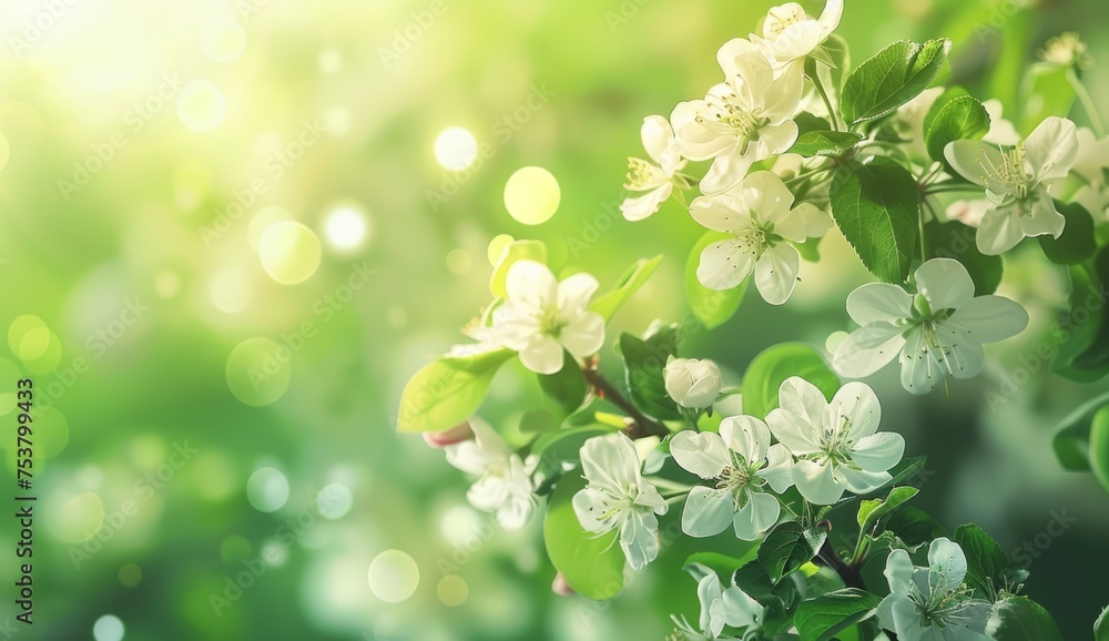 Poster spring background with a blooming apple tree in flowers and blurred green spring nature in the backg