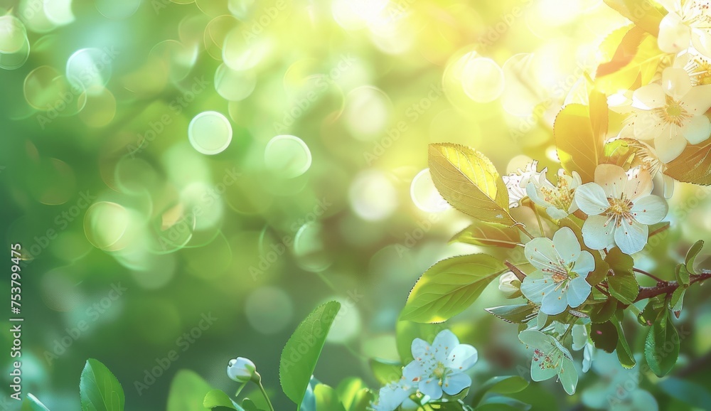 Poster spring background with blooming flowers and green leaves on a blurred bokeh light pastel background 