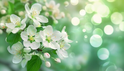 White flowers on a green background with bokeh lights Generative AI