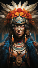 Fototapeta premium Portrait of beautiful shamanic young woman with feather headwear.