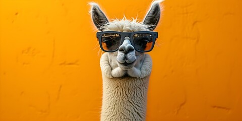 Chicsuitedllamarockssunglassescoolvibesagainstvibrantorangebackdrop. Concept Chic Suit, Llama Rocking Sunglasses, Cool Vibes, Vibrant Orange Backdrop