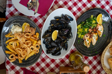 seafood table in Rovinj Croatia with calamari squid and mussels