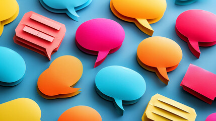 An assortment of speech balloons with business-related phrases and terms, highlighting professionalism and success, on a sleek, corporate background.